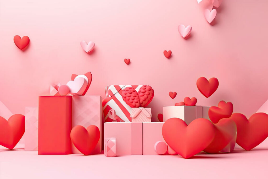 Red Background With Hearts,balloons And Gift Packages With Copy Space. Ai Generative